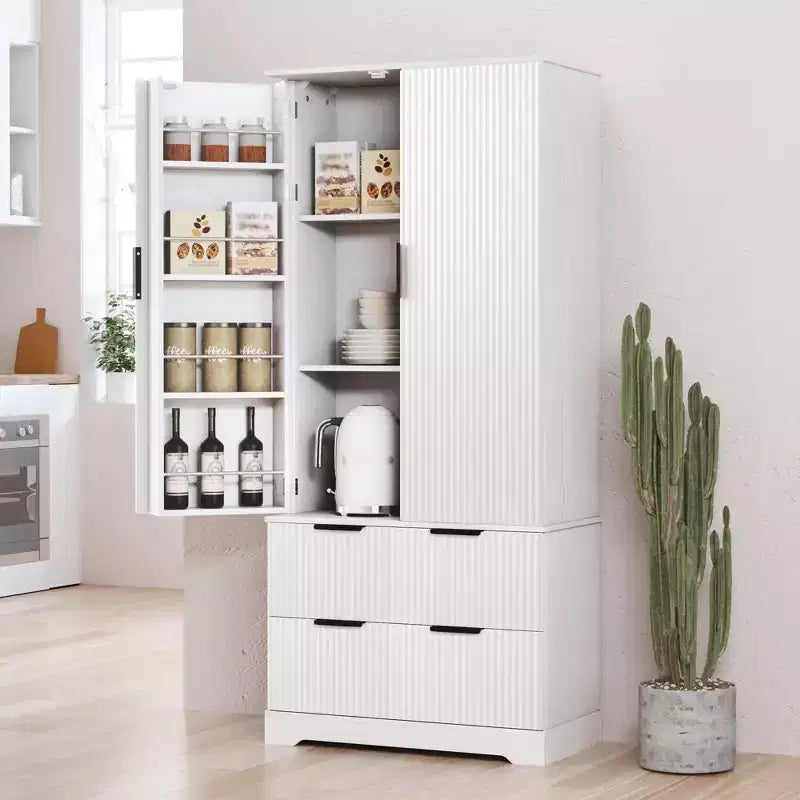 Black/White Fluted Double-Door Kitchen Pantry Cabinet with 2 Drawers