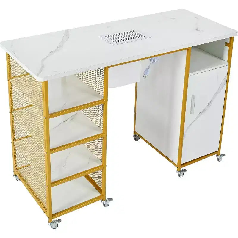 Manicure Table Nail Station with Electric Downdraft Vent, Cabinet, Storage Shelves, Wrist Cushion, Lockable Wheels, Nail Desk for Salons & Shops