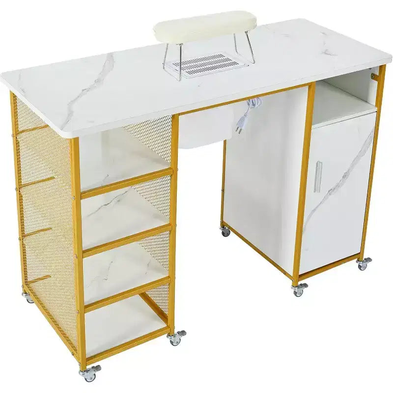 Gold & White Single-Station Manicure Table with Electric Downdraft Vent