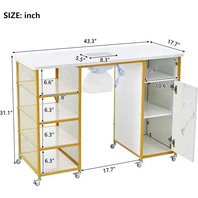 Gold & White Single-Station Manicure Table with Electric Downdraft Vent