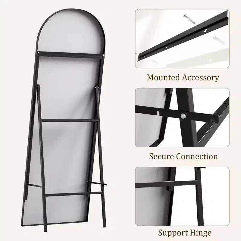 Black Arched Full Length Mirror, Freestanding/Wall Mount, 1-Person, 65"x22"