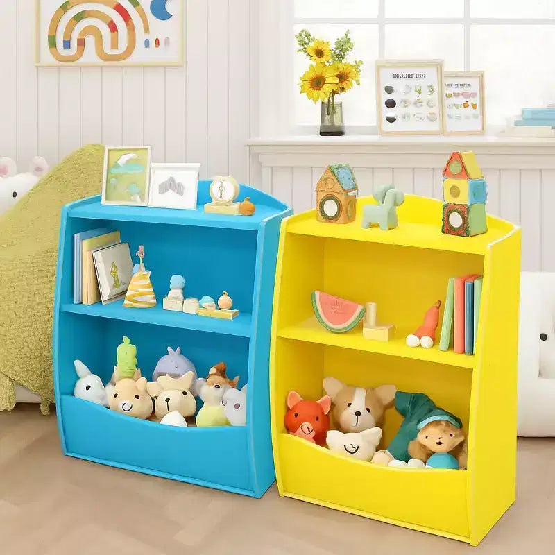 Blue/Pink/White/Yellow 2-Tier Kids Bookshelf with Storage Cubby, Single