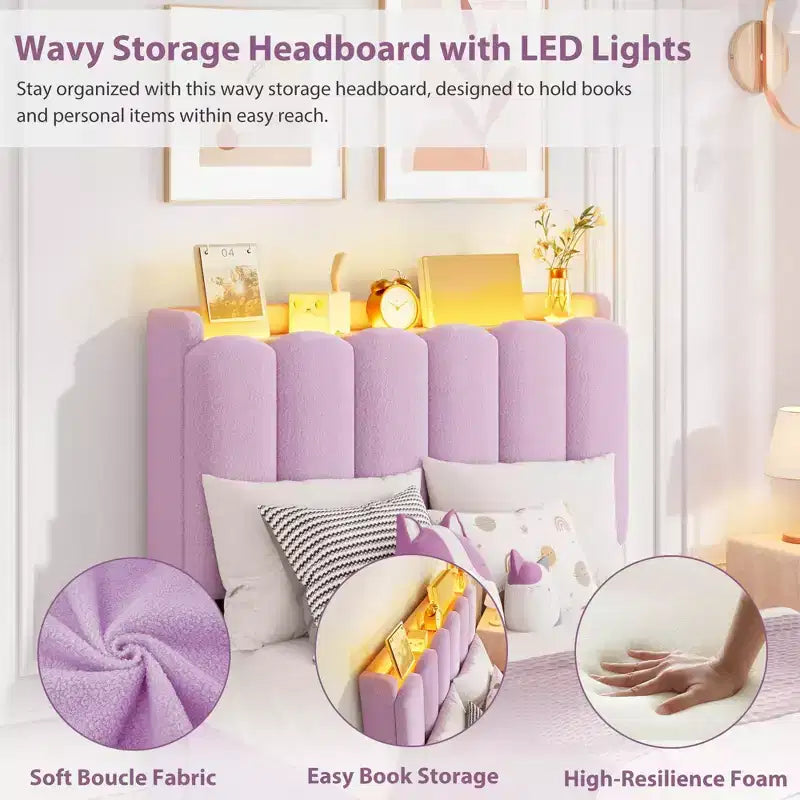 Pink / Purple / White Boucle Upholstered Kids Platform Bed with Wavy Headboard, Bookcase & 2 Drawers – Twin / Full / Twin XL, 1 Person