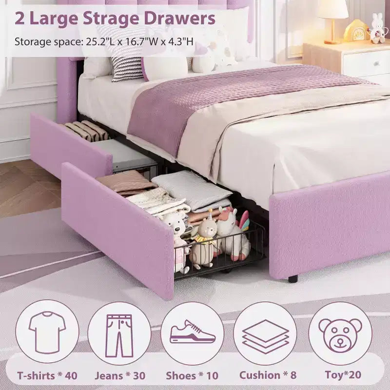 Pink / Purple / White Boucle Upholstered Kids Platform Bed with Wavy Headboard, Bookcase & 2 Drawers – Twin / Full / Twin XL, 1 Person