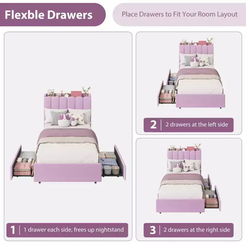 Pink / Purple / White Boucle Upholstered Kids Platform Bed with Wavy Headboard, Bookcase & 2 Drawers – Twin / Full / Twin XL, 1 Person