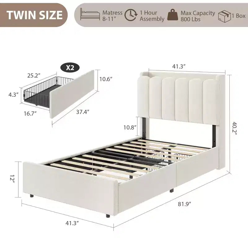 Pink / Purple / White Boucle Upholstered Kids Platform Bed with Wavy Headboard, Bookcase & 2 Drawers – Twin / Full / Twin XL, 1 Person