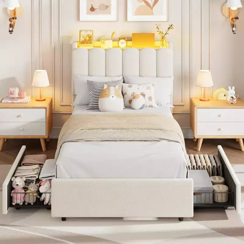 Pink / Purple / White Boucle Upholstered Kids Platform Bed with Wavy Headboard, Bookcase & 2 Drawers – Twin / Full / Twin XL, 1 Person