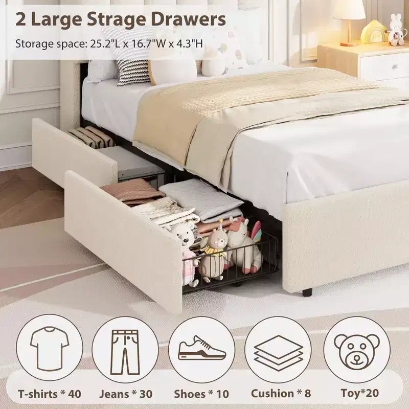 Pink / Purple / White Boucle Upholstered Kids Platform Bed with Wavy Headboard, Bookcase & 2 Drawers – Twin / Full / Twin XL, 1 Person