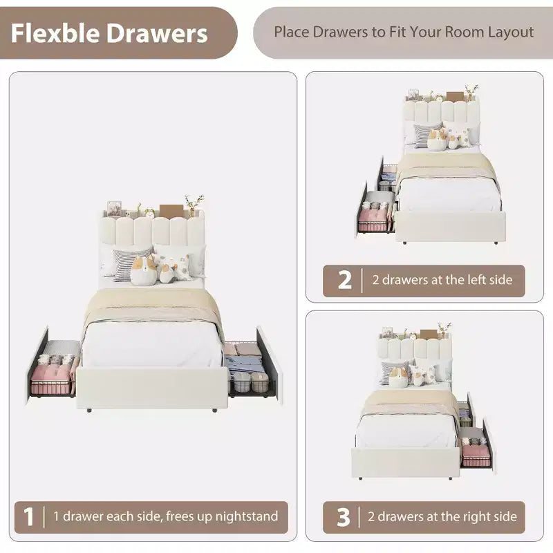 Pink / Purple / White Boucle Upholstered Kids Platform Bed with Wavy Headboard, Bookcase & 2 Drawers – Twin / Full / Twin XL, 1 Person