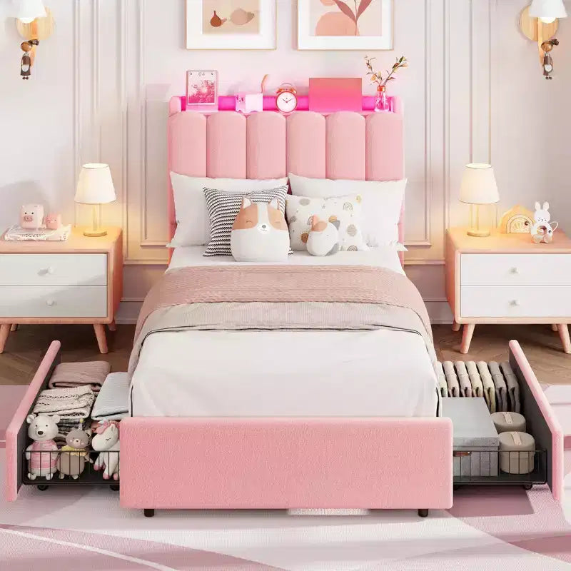 Pink / Purple / White Boucle Upholstered Kids Platform Bed with Wavy Headboard, Bookcase & 2 Drawers – Twin / Full / Twin XL, 1 Person