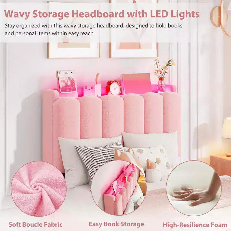 Pink / Purple / White Boucle Upholstered Kids Platform Bed with Wavy Headboard, Bookcase & 2 Drawers – Twin / Full / Twin XL, 1 Person