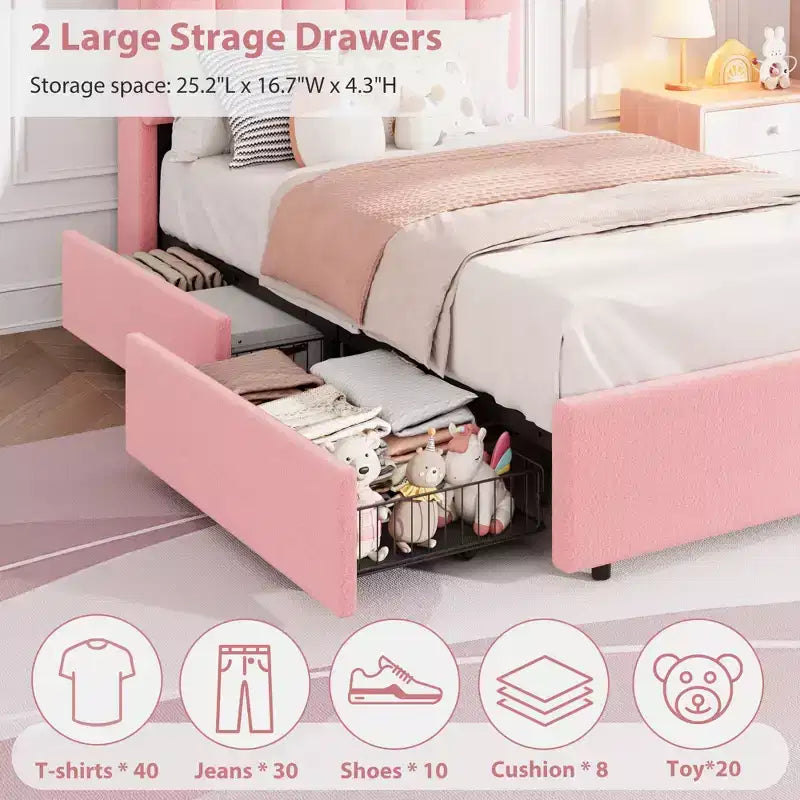 Pink / Purple / White Boucle Upholstered Kids Platform Bed with Wavy Headboard, Bookcase & 2 Drawers – Twin / Full / Twin XL, 1 Person