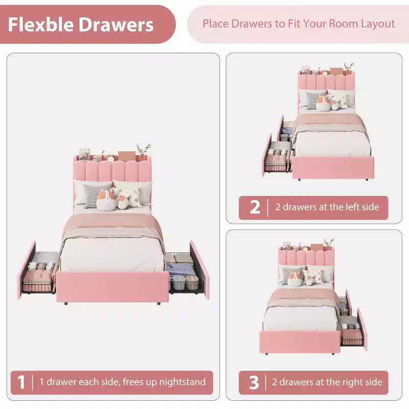 Pink / Purple / White Boucle Upholstered Kids Platform Bed with Wavy Headboard, Bookcase & 2 Drawers – Twin / Full / Twin XL, 1 Person