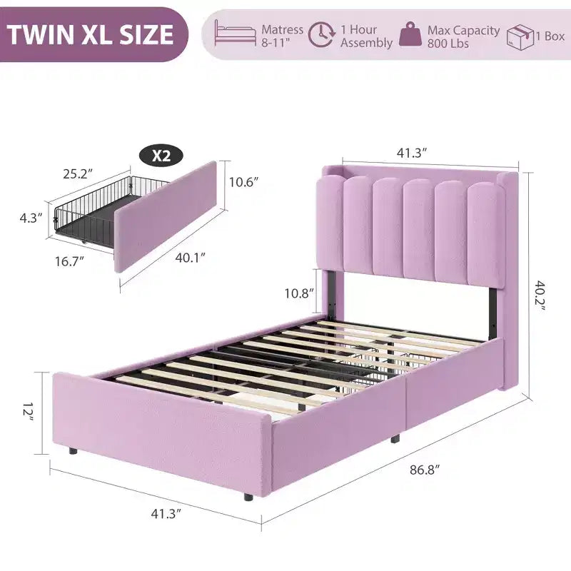 Pink / Purple / White Boucle Upholstered Kids Platform Bed with Wavy Headboard, Bookcase & 2 Drawers – Twin / Full / Twin XL, 1 Person