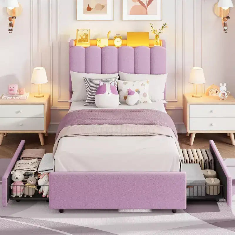 Pink / Purple / White Boucle Upholstered Kids Platform Bed with Wavy Headboard, Bookcase & 2 Drawers – Twin / Full / Twin XL, 1 Person