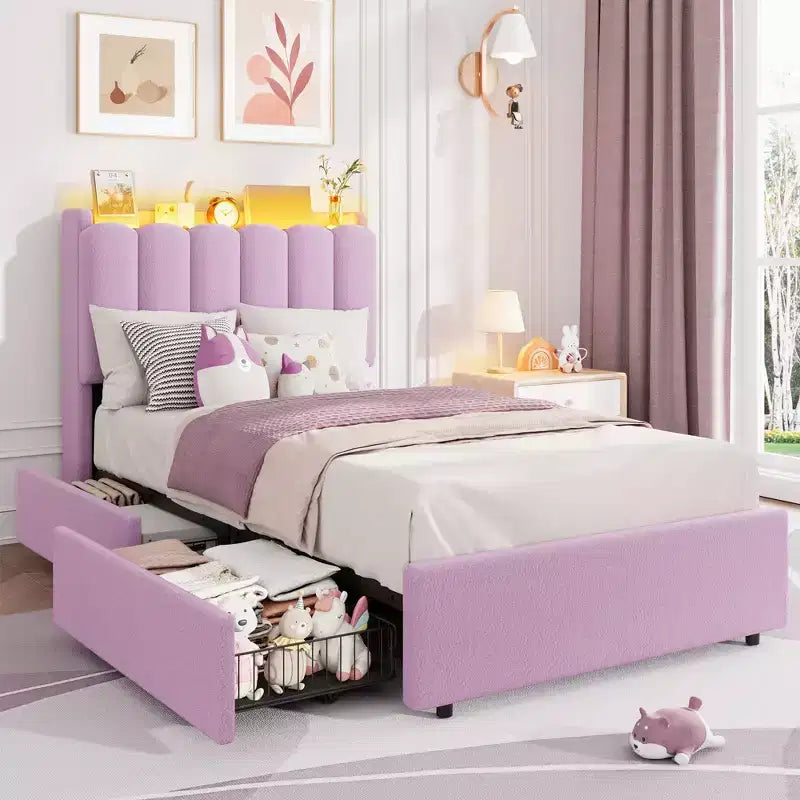 Pink / Purple / White Boucle Upholstered Kids Platform Bed with Wavy Headboard, Bookcase & 2 Drawers – Twin / Full / Twin XL, 1 Person