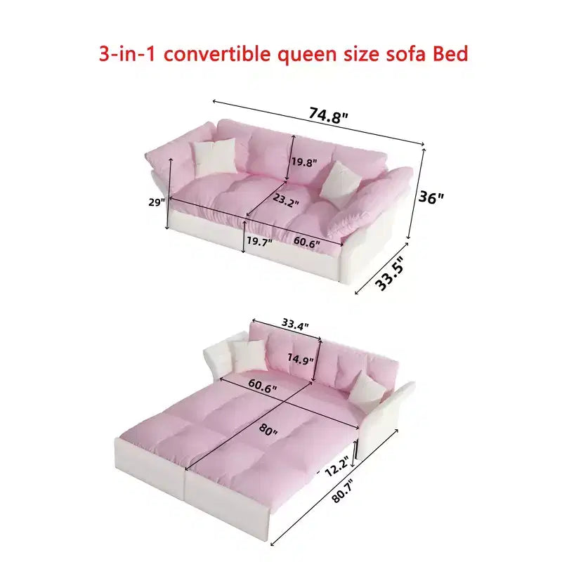 Pink Velvet 3-in-1 Convertible Sofa Bed, Seats 2