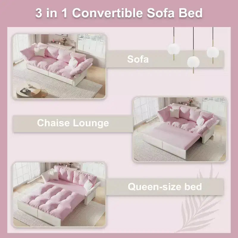 Pink Velvet 3-in-1 Convertible Sofa Bed, Seats 2