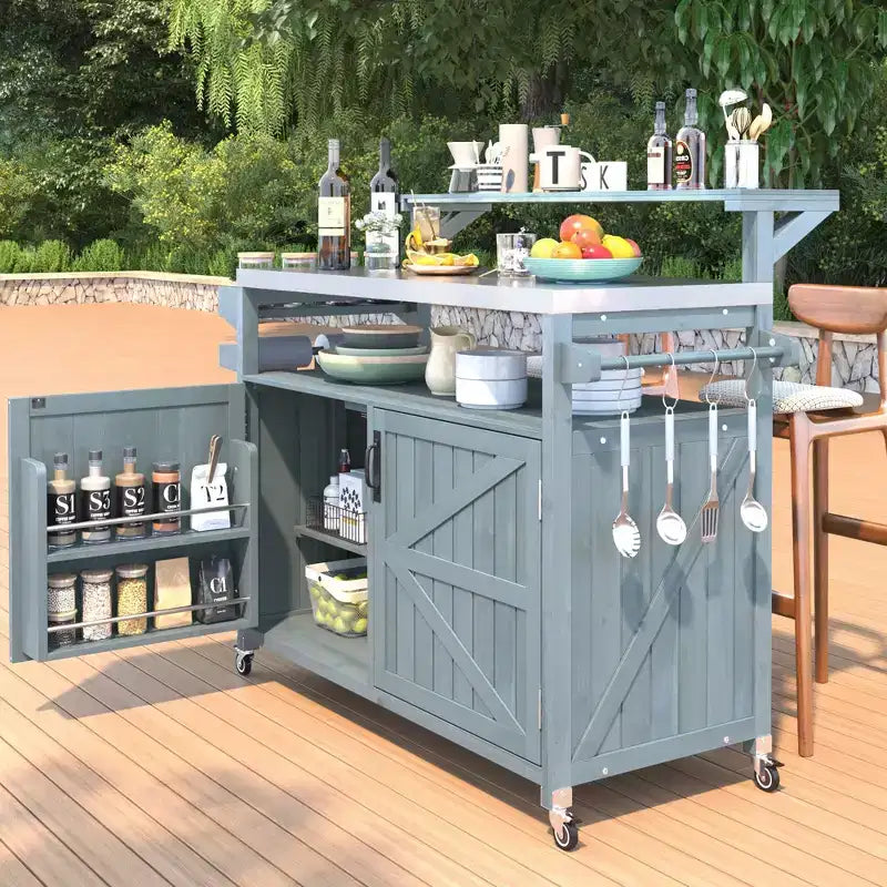 Blue/Brown Outdoor Grill Cart with Raised Shelf & Stainless Steel Top, for 1 User