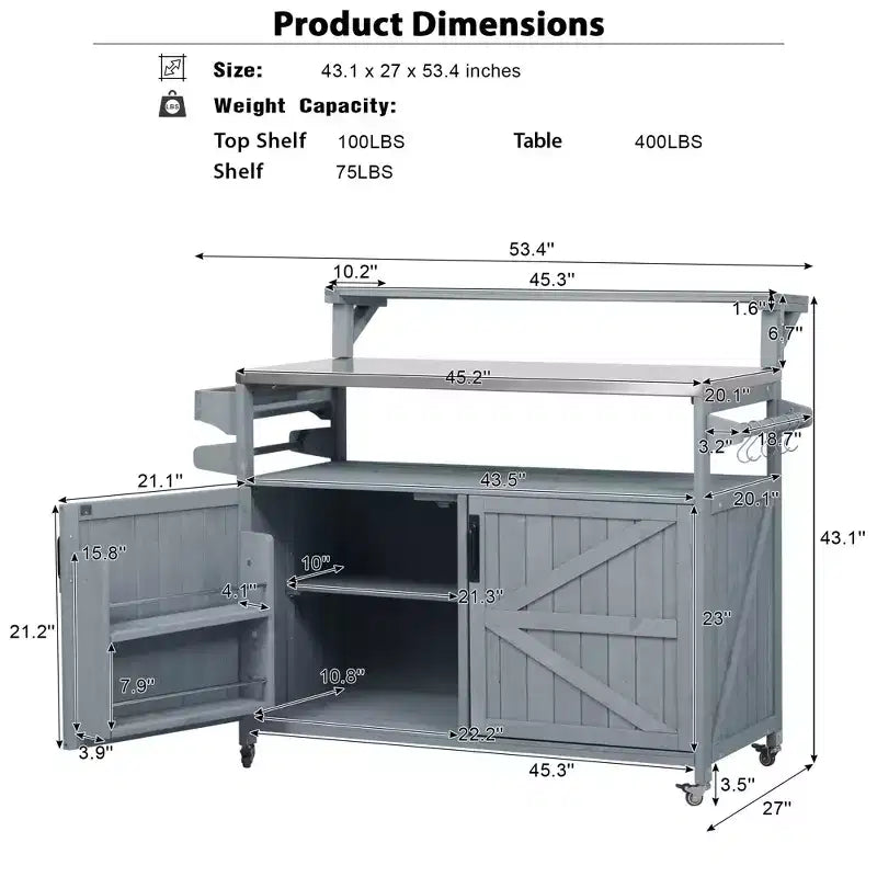 Blue/Brown Outdoor Grill Cart with Raised Shelf & Stainless Steel Top, for 1 User