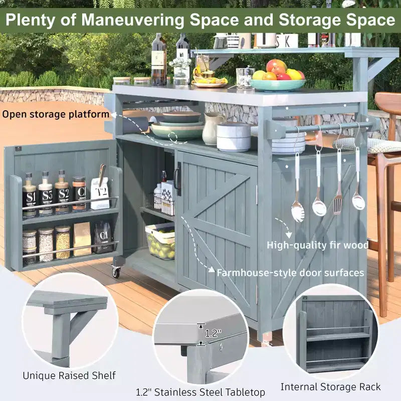 Blue/Brown Outdoor Grill Cart with Raised Shelf & Stainless Steel Top, for 1 User