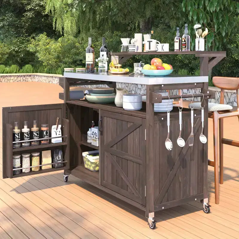 Blue/Brown Outdoor Grill Cart with Raised Shelf & Stainless Steel Top, for 1 User