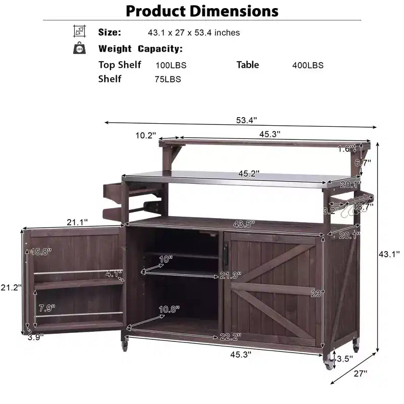 Blue/Brown Outdoor Grill Cart with Raised Shelf & Stainless Steel Top, for 1 User