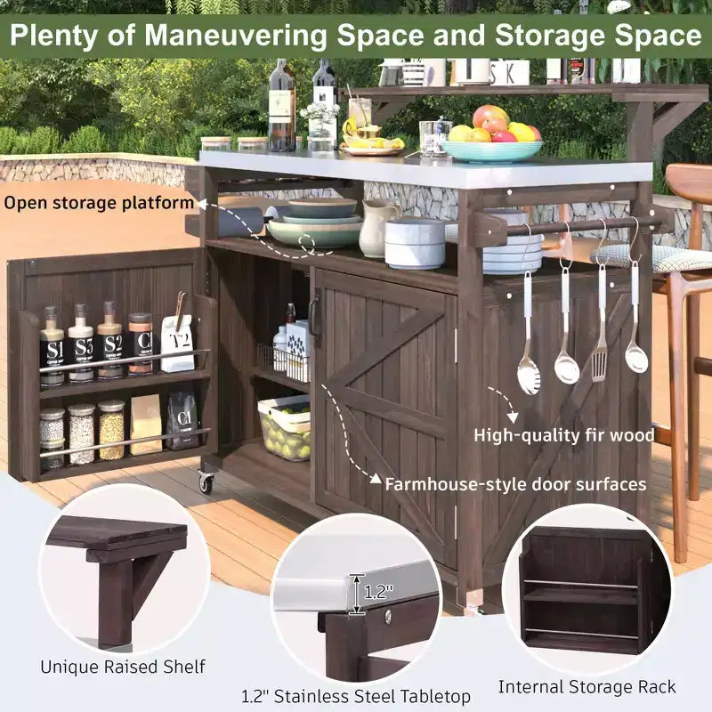 Blue/Brown Outdoor Grill Cart with Raised Shelf & Stainless Steel Top, for 1 User