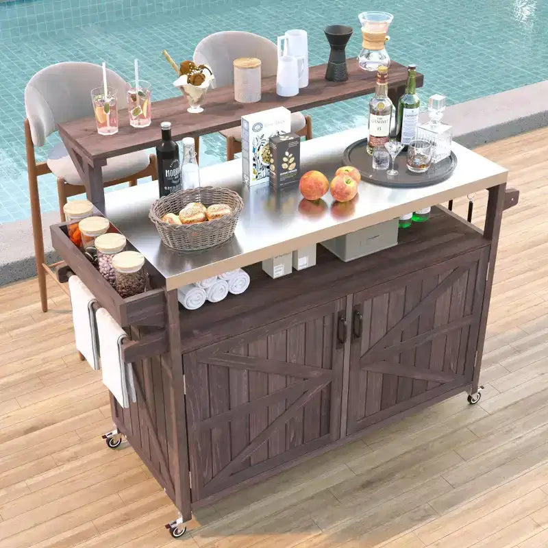 TUYOHW Outdoor Kitchen Island with Raised Shelf,Outdoor Grill Cart with Stainless Steel Top,Storage Cabinet,Spice Rack for Patio,Backyard BBQ