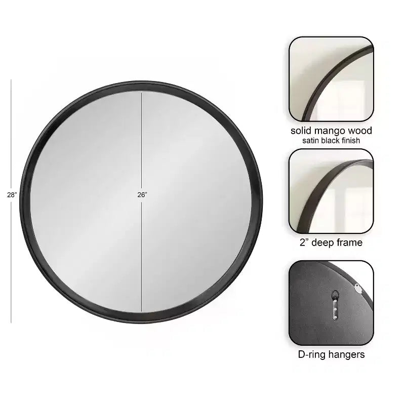 Black Round Wood Framed Wall Mirror, Single