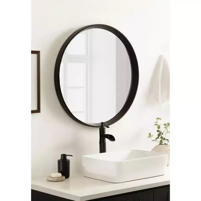 Black Round Wood Framed Wall Mirror, Single