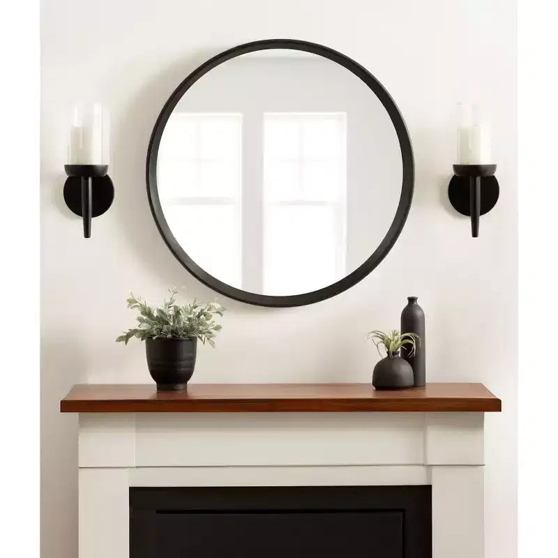 Black Round Wood Framed Wall Mirror, Single