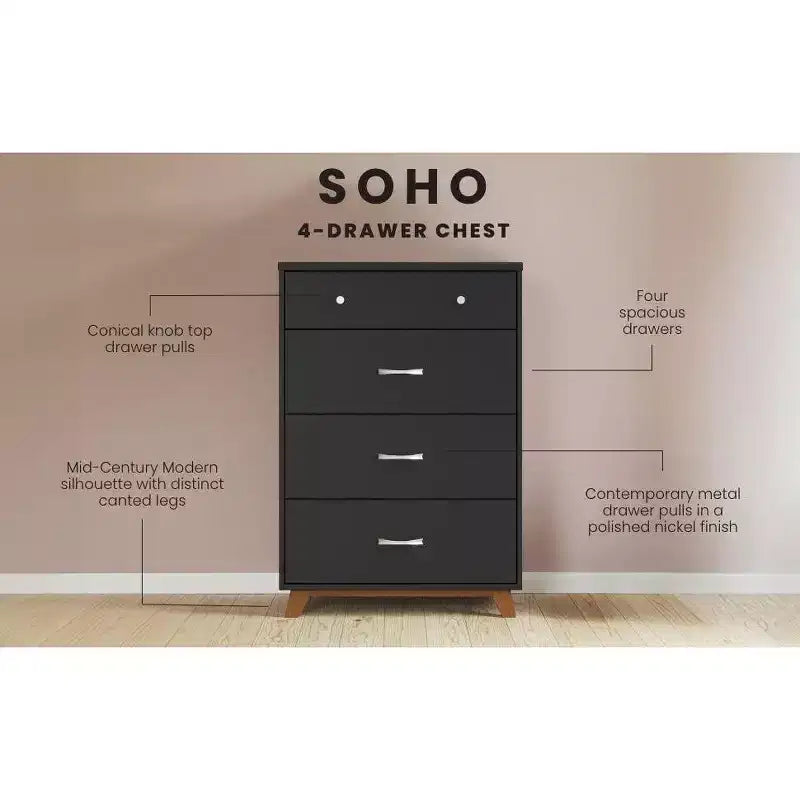 4-Drawer Dresser Chest, Dusty Heather / Ebony / White Natural, Mid-Century Style, Single User