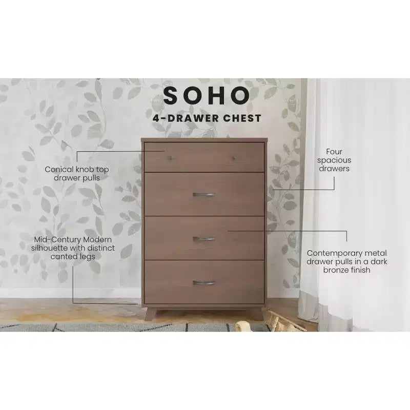 4-Drawer Dresser Chest, Dusty Heather / Ebony / White Natural, Mid-Century Style, Single User