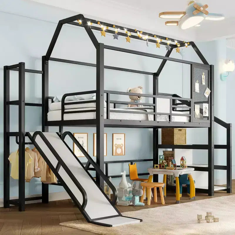 Bellemave Twin House Loft Bed with Slide & Stairs, Metal Playhouse Bed with Storage Shelves, Guardrails, Noise-Free Design, Black
