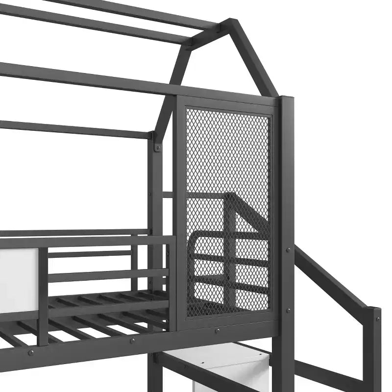 Twin House Loft Bed with Slide & Stairs – Black, Metal, 1 Child