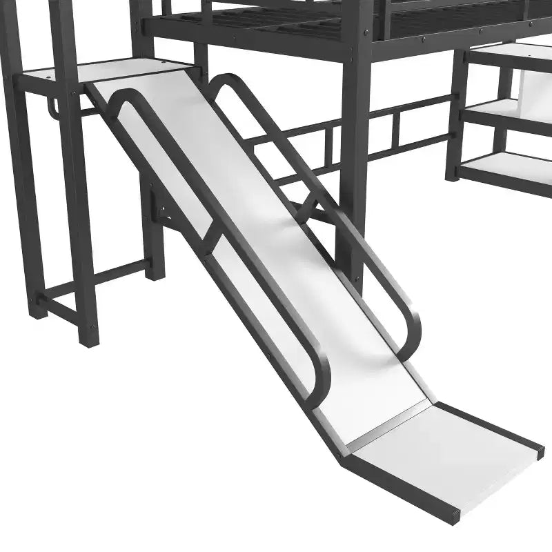 Twin House Loft Bed with Slide & Stairs – Black, Metal, 1 Child