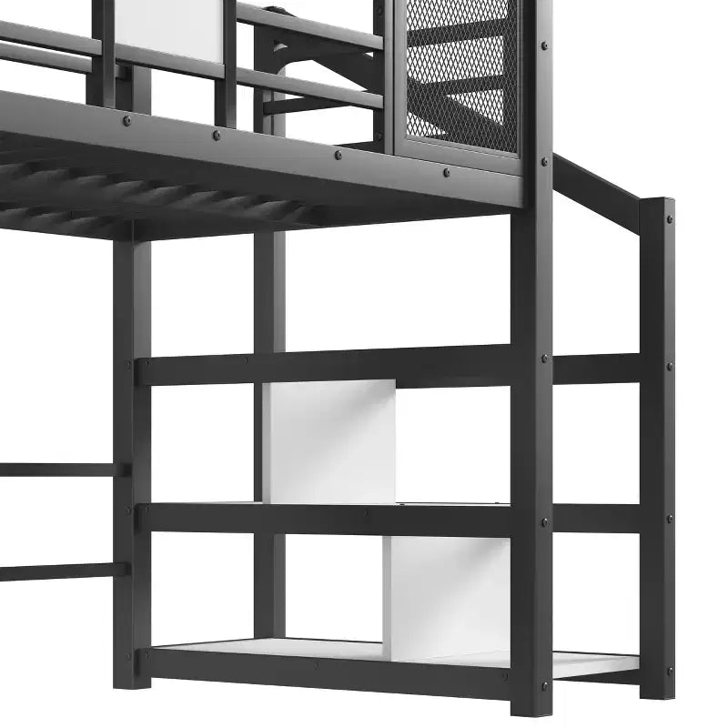 Twin House Loft Bed with Slide & Stairs – Black, Metal, 1 Child