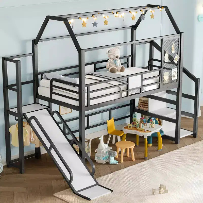 Twin House Loft Bed with Slide & Stairs – Black, Metal, 1 Child