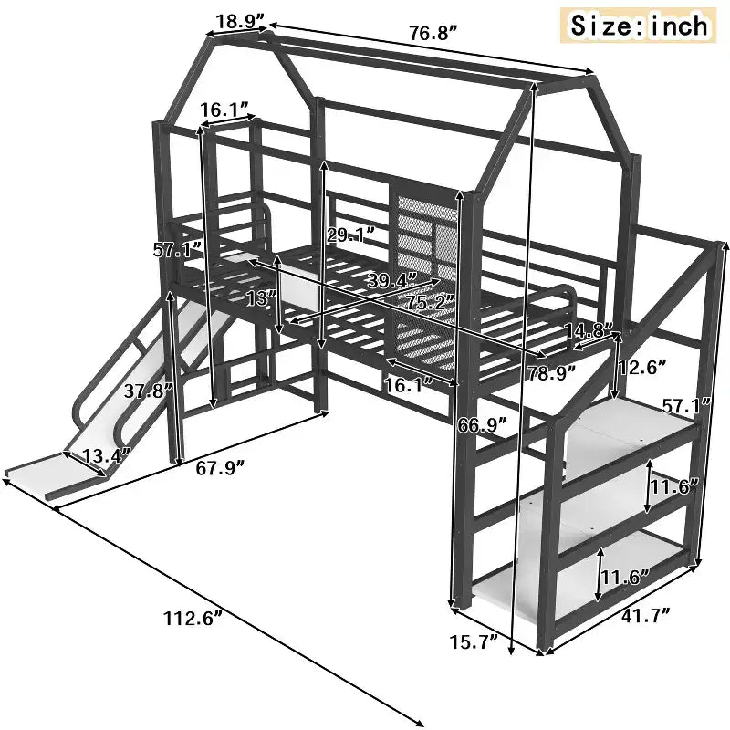 Twin House Loft Bed with Slide & Stairs – Black, Metal, 1 Child