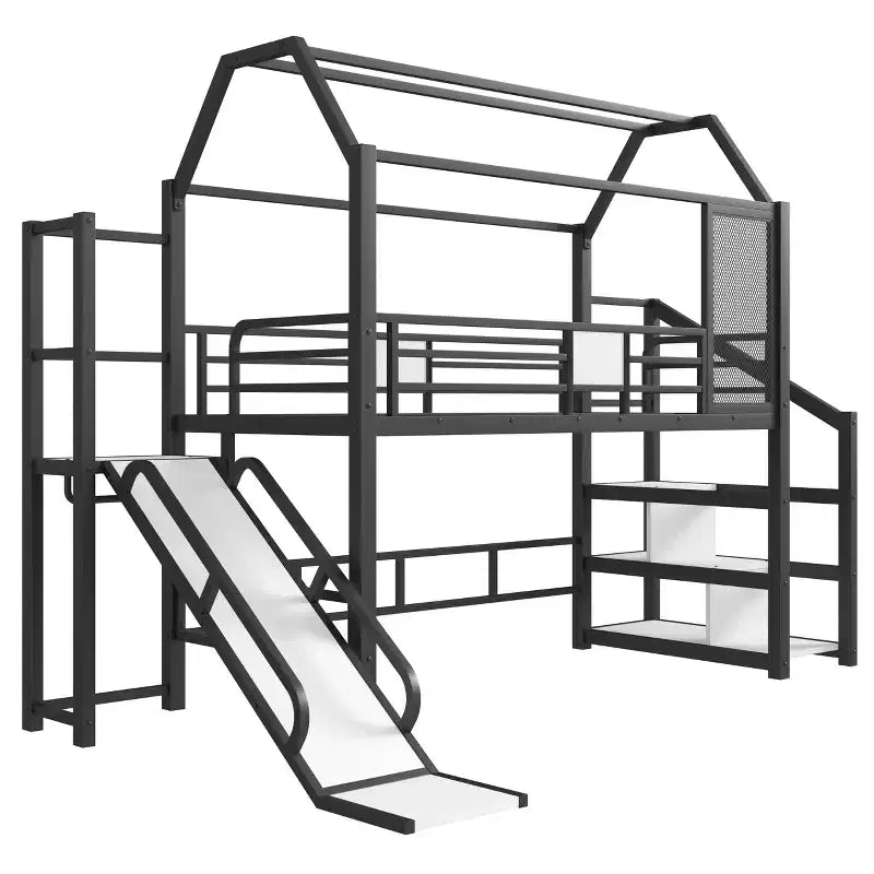 Twin House Loft Bed with Slide & Stairs – Black, Metal, 1 Child