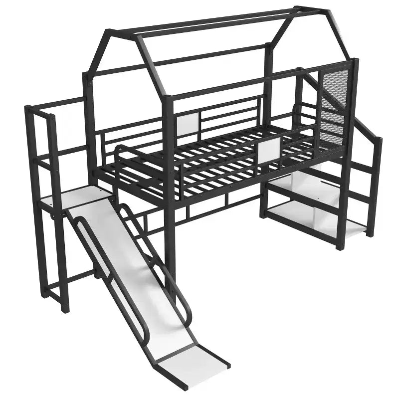 Twin House Loft Bed with Slide & Stairs – Black, Metal, 1 Child