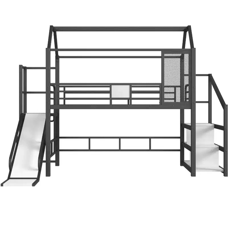 Twin House Loft Bed with Slide & Stairs – Black, Metal, 1 Child