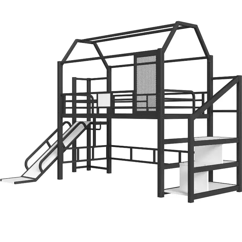 Twin House Loft Bed with Slide & Stairs – Black, Metal, 1 Child