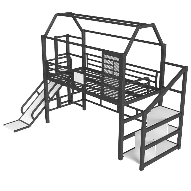 Twin House Loft Bed with Slide & Stairs – Black, Metal, 1 Child