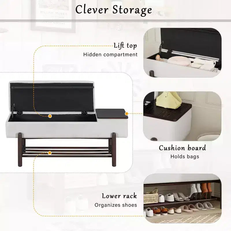 Farmhouse Upholstered Storage Bench with Hidden Compartment, Modern Entryway Ottoman for Living Room Hallway Bedroom