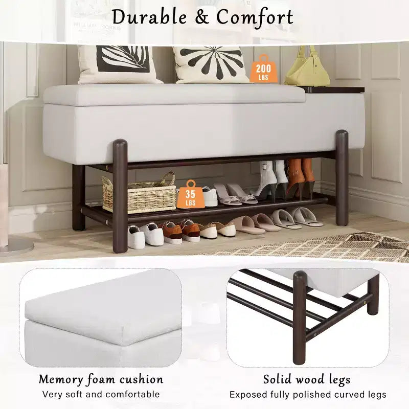 Farmhouse Upholstered Storage Bench with Hidden Compartment, Modern Entryway Ottoman for Living Room Hallway Bedroom