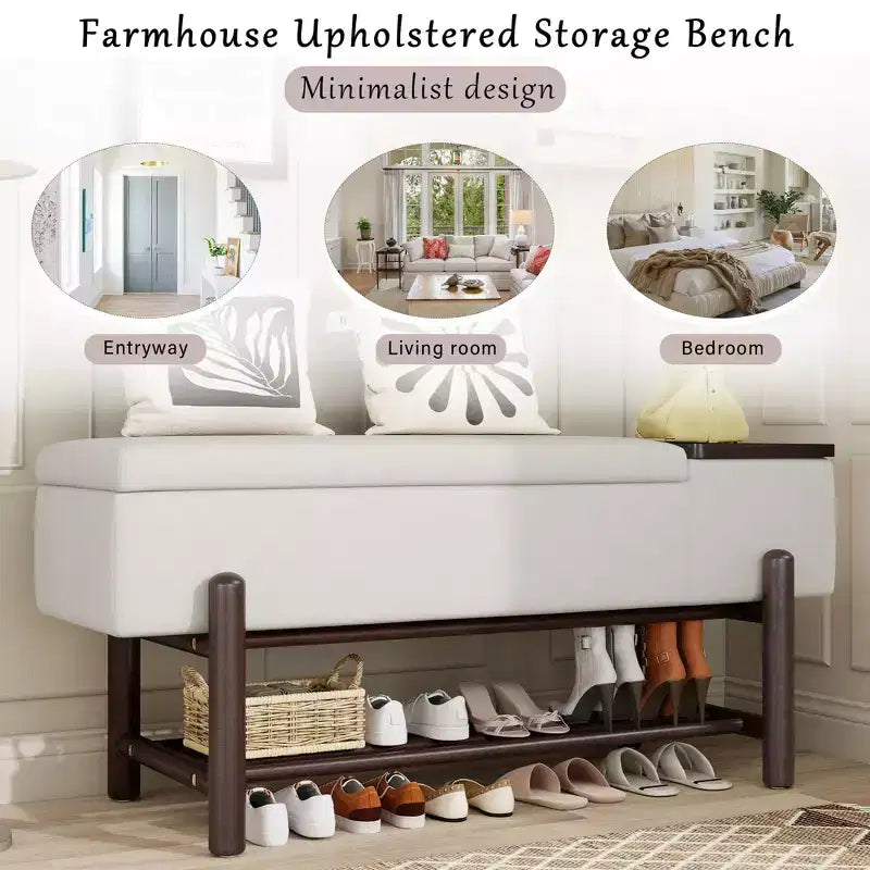 Farmhouse Upholstered Storage Bench with Hidden Compartment, Modern Entryway Ottoman for Living Room Hallway Bedroom