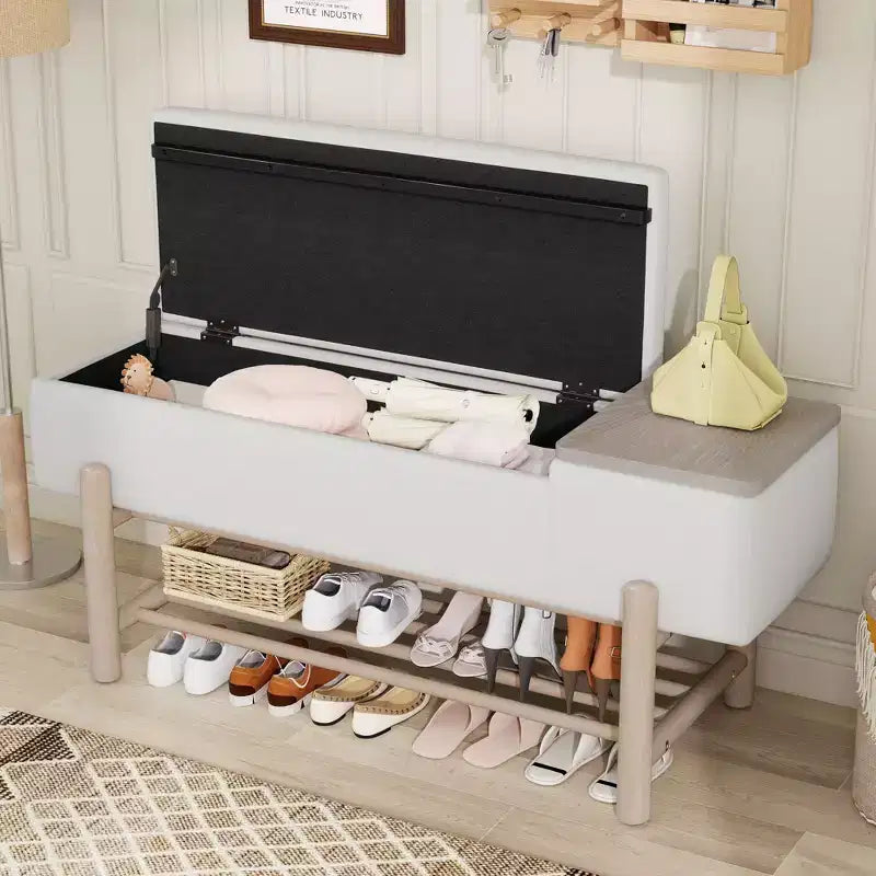 Farmhouse Upholstered Storage Bench with Hidden Compartment, Modern Entryway Ottoman for Living Room Hallway Bedroom