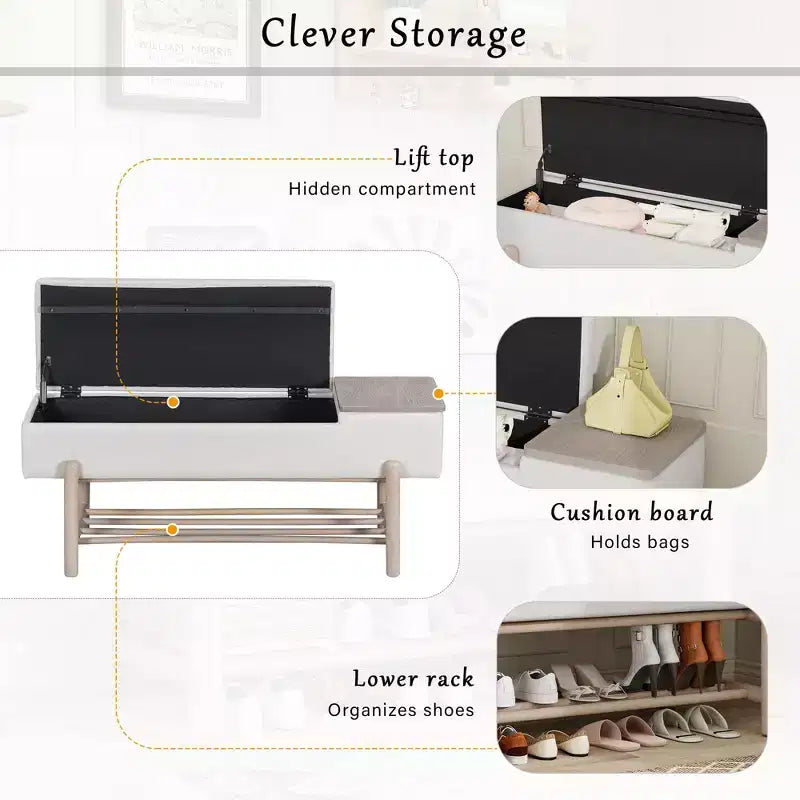 Farmhouse Upholstered Storage Bench with Hidden Compartment, Modern Entryway Ottoman for Living Room Hallway Bedroom